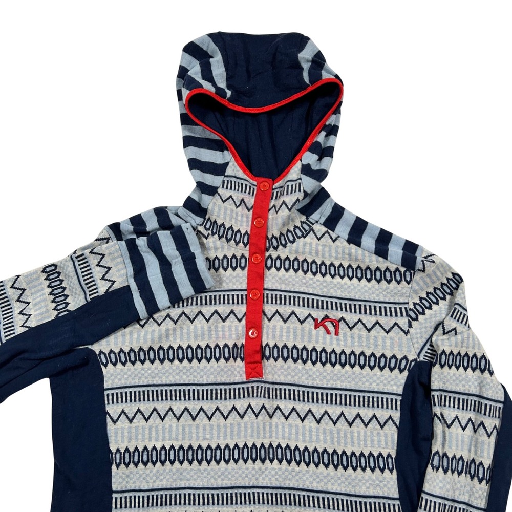 Kari Traa Wool Base Layer Pullover Hoodie Women XL Blue Fair Isle Henley Hike